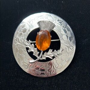 Scottish Large Plaid Brooch Thistle  Silver Tone Orange Stone Brooch Mizpah